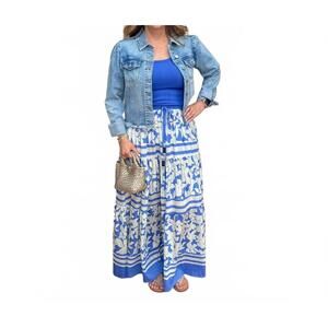 NEW PINCH lissy floral print tiered maxi skirt in blue/ white